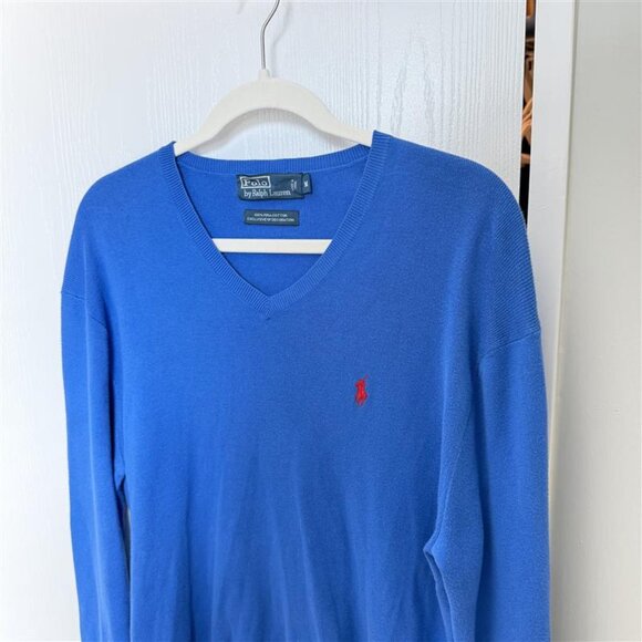 Polo Ralph Lauren Blue V Neck Sweater Medium | Red Pony Logo Classic Preppy - Picture 5 of 6